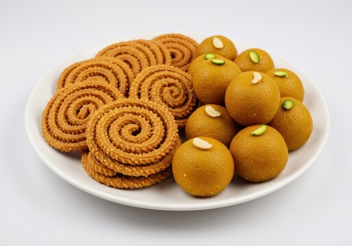 Indian sweets chakli and motichoor ladoo isolated on white background