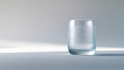 A glass of water on a light gray surface with a soft light shining on the glass and the surface