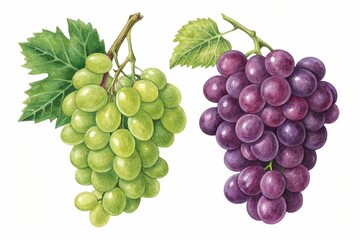 Fototapeta premium Green and Red Grapes: A vibrant illustration showcases bunches of ripe green and red grapes, their juicy texture and rich colors inviting the eye.