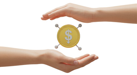 Isolated Hands Protecting Golden Dollar Coin
