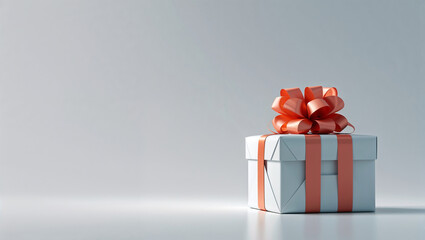 A wrapped gift box with a coral ribbon and bow on a white surface against a light gray background