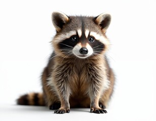 Cute raccoon sits front white background. Furry wild animal, black eye mask, attentive look, curious expression. Adorable mammal, wilderness, forest, wildlife, close-up, natural, lovely pet.
