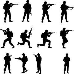 Armed Soldiers in Combat Silhouette" vector 