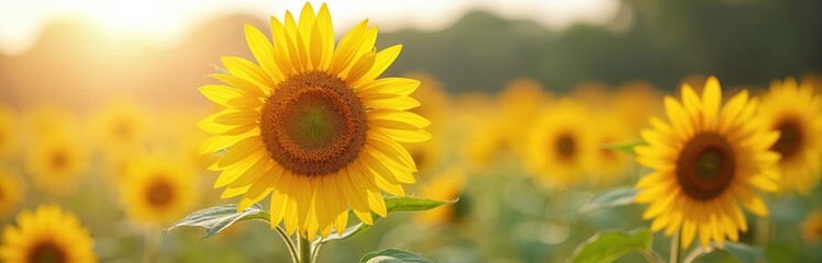 Obraz premium Sunflower field, sunny nature background. Agricultural summer banner with vibrant yellow flowers. Harvest season, farming, organic cultivation. Head, blossom, copy space, natural landscape, beautiful