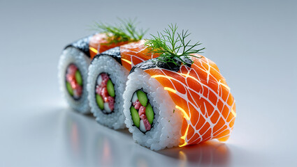 Close up of three salmon sushi rolls with dill garnish on a white surface in soft lighting