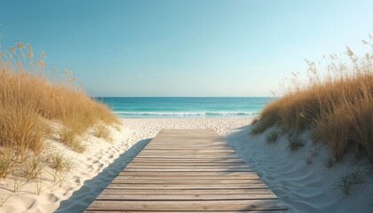 Wooden boardwalk leads to ocean. Sandy beach with calm turquoise water, blue sky. Coastal landscape with sand dunes and dry grass. Summer travel vacation destination scene.