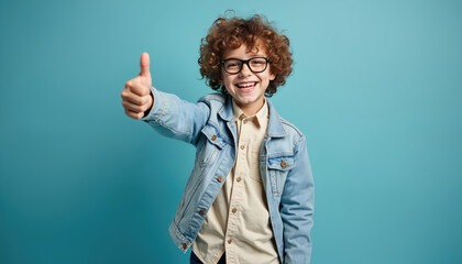 Smiling curly-haired boy wearing glasses and casual denim jacket giving thumbs up gesture. Child shows like, approval, success with positive happy face isolated over blue background.