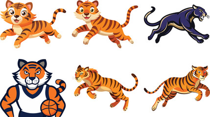Tiger Mascot, Tiger Jumping,  A set of Tiger jumping silhouette using flat solid black color design, vector illustration design on a white background.


