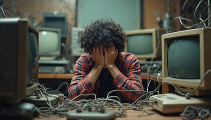 Person amid chaos of wires, old monitors. Expressing frustration, confusion, technology background, possible repair scenario. Vintage vibe, retro tech. Problems. Overwhelmed, struggling tech worker.