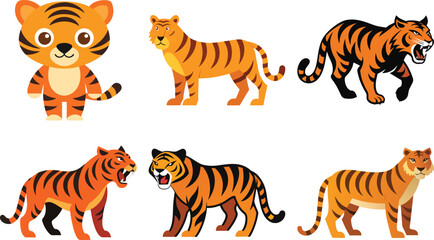 Obraz premium Tiger Mascot, Tiger Jumping, A set of Tiger jumping silhouette using flat solid black color design, vector illustration design on a white background.