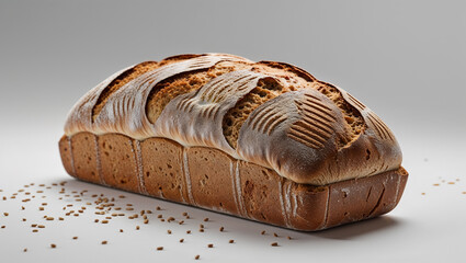 A loaf of golden brown bread with decorative scoring on top sitting on a white surface with seeds