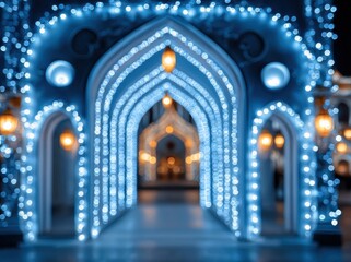 Obraz premium Night view of illuminated blue and white arches with bokeh lights and decorative details