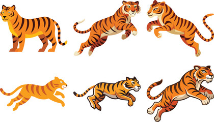 Tiger Mascot, Tiger Jumping,  A set of Tiger jumping silhouette using flat solid black color design, vector illustration design on a white background.


