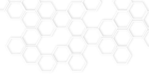 Abstract background with hexagons. Geometric shapes hexagonal patterns. White honeycomb background with light and shadows. Transparent vector background with glowing hexagon geometric lines.	
