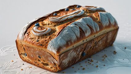A loaf of artisan bread with blueberries and a decorative crust on a white surface in soft lighting