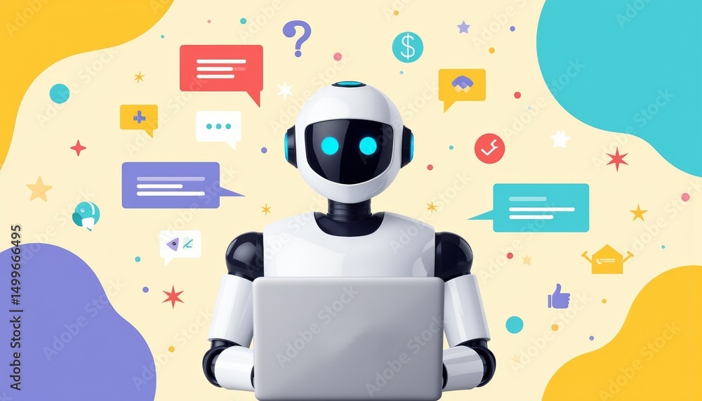 Poster robot using a laptop surrounded by chat bubbles and question marks, concept of chatbots