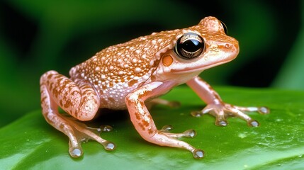 Obraz premium Spotted frog sits on a vibrant green leaf with its reflective eyes looking ahead, captured in a detailed close-up shot.