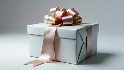 A white gift box with a satin bow and ribbon on a white background illuminated by studio lighting