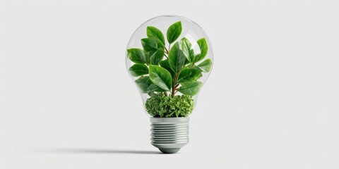Light Bulb with Green Leaves Mini Plant Symbolizing Renewable Energy and Sustainability