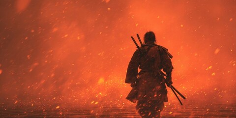 Lone Warrior in Fiery Apocalyptic Landscape with Stormy Sky