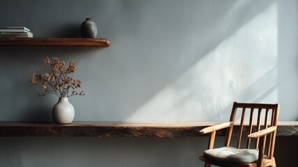 A minimalist, muted gray-toned room with a textured wall, a light wooden shelf holding books, a simple wooden chair, and a vase with dried flowers on a wooden table.