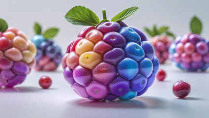 Close up of colorful candy like raspberries with green leaves on a white surface in soft focus
