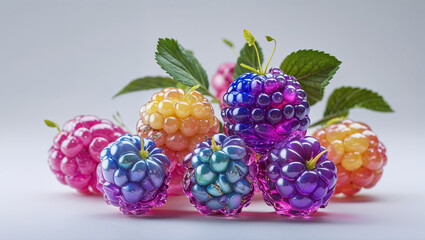 A vibrant array of colorful raspberries with leaves arranged on a plain background in a studio shot