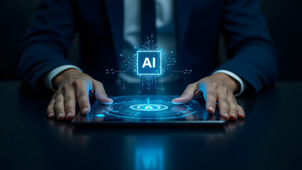 Naklejka premium Businessman holding a tablet displaying a glowing AI chip hologram. Technology, innovation, future concept.
