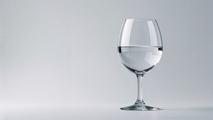 A wine glass filled with water sits against a plain light gray background in a studio setting