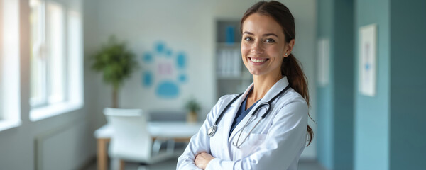 Smiling young female doctor in medical office. Woman wearing white coat, stethoscope. Healthcare pro at work. Medical, hospital, doctor, medicine, health care. Professionalism, trust, health