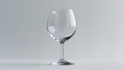 A clear wine glass stands alone against a plain light gray background in a studio setting