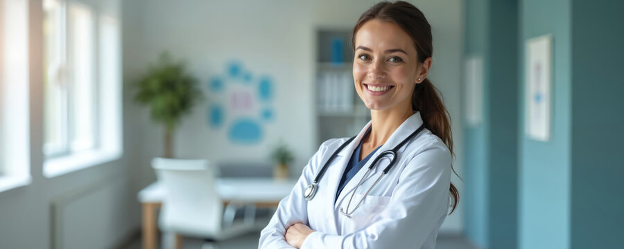 Smiling young female doctor in medical office. Woman wearing white coat, stethoscope. Healthcare pro at work. Medical, hospital, doctor, medicine, health care. Professionalism, trust, health