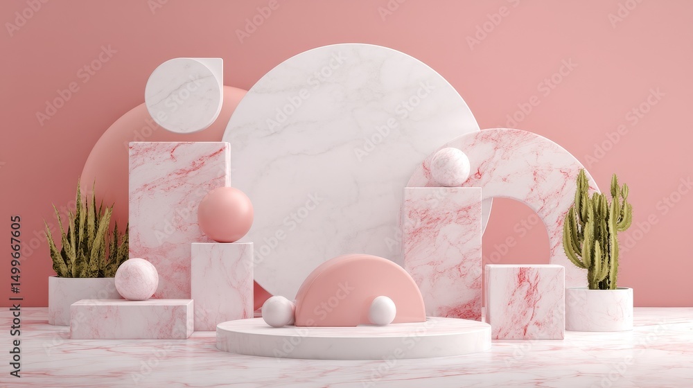 Poster 3d rendering of geometric background with pink and white marble blocks, spheres, semi-circular shape
