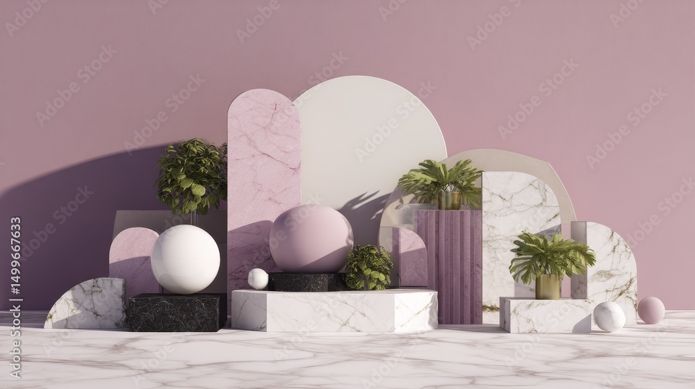 Poster 3d rendering of geometric background with pink and white marble blocks, spheres, semi-circular shape
