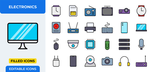 Electronics Icons Set. Smartwatch, SIM card, radio, camera, computer, and more. Editable vector.