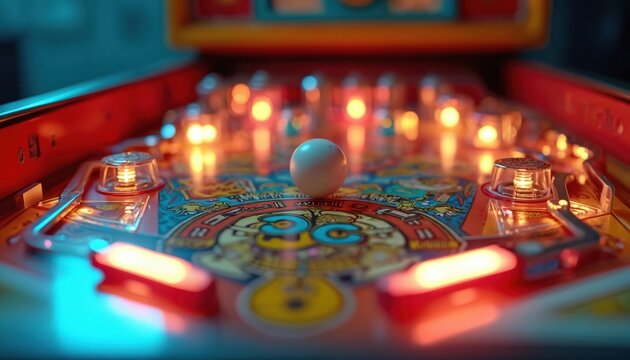 Pinball machine in action. Ball mid-play with vivid graphics. Illuminated bumpers on light background. Arcade game with bright lights and colorful design. Entertainment, recreation, fun.