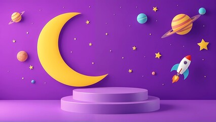 Fototapeta premium 3d kid background. Galaxy space podium, rocket planet and toy spaceship as star children products promo presentation, birthday room. Cute cartoon childish banner backdrop. Vector showcase 