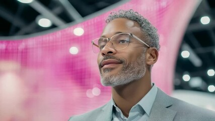 Confident Black man in suit at tech conference with futuristic design elements and LED displays