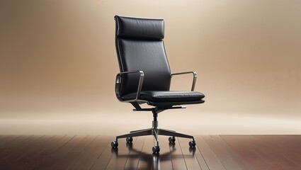 A black leather office chair with metal frame and armrests on a wood floor against a beige wall