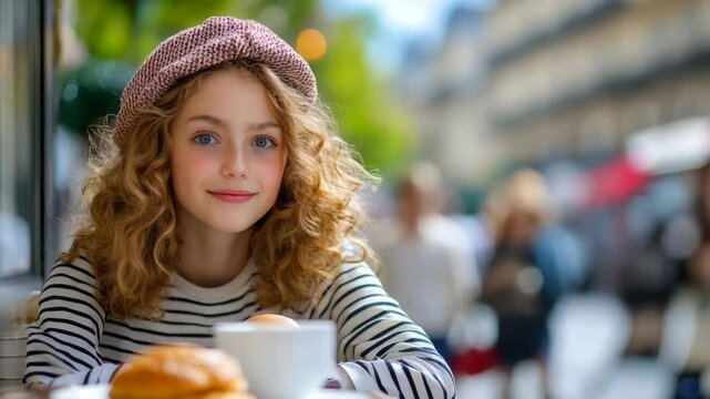 Young Caucasian girl enjoying coffee and pastry at a Parisian cafe, embracing travel and leisure beret style