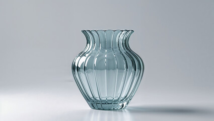 A clear glass vase with a ribbed design sitting on a white surface against a light gray background