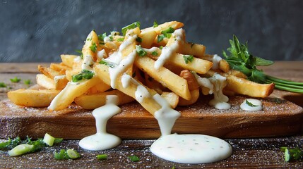 crispy tasty potato fries chips with mayonnaise sauce served on a wooden board . aspect ratio 16:9