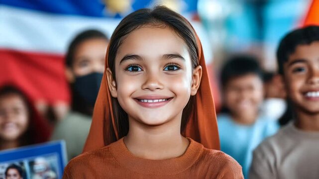 Smiling young girl in a festive setting with diverse children, celebrating cultural unity and friendship