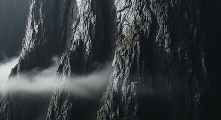 Majestic dark rugged mountains with atmospheric mist
