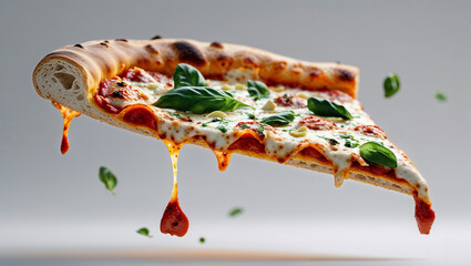 Close up of a pizza slice with melted cheese and basil on a plain background in studio lighting