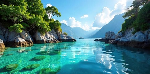 Obraz premium Serene coastal lagoon, turquoise water reflecting the sky, surrounded by lush vegetation and rocky outcrops Tranquil, idyllic scene perfect for relaxation and escape , environment, horizon