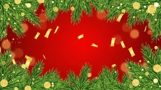 Christmas decoration border with fir branches and golden glitter confetti and sparkles of lights blur bokeh on red background. Bright Christmas and New Year design holiday frame. Vector illustration