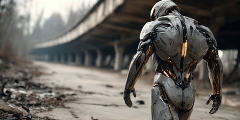 Male-Characteristic Robot Walking Away in Futuristic Setting