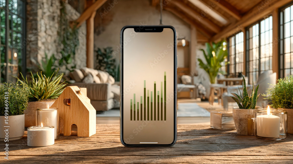 Aufkleber smartphone with a bar chart on screen, placed on a rustic table surrounded by plants and candles
