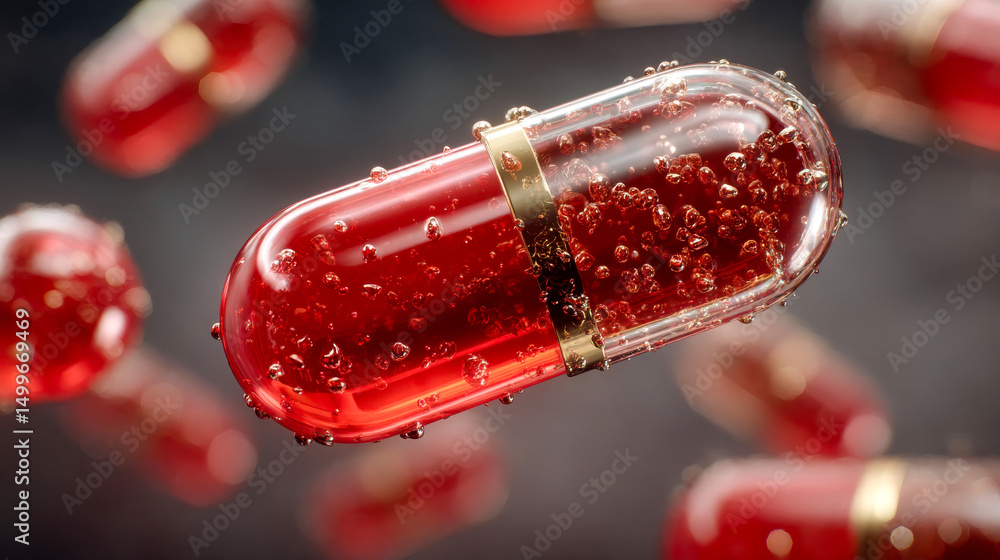 Poster close-up of a glowing red capsule floating in a dark, sparkling fluid environment